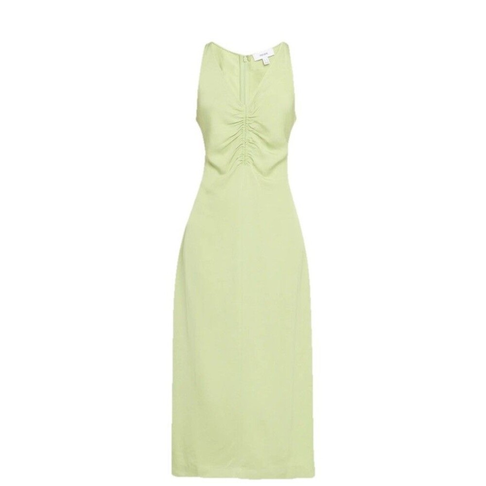 REISS Pari Petite Ruched Sleeveless Midi Dress With Linen in Green Size 6 P BNWT